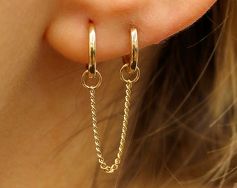 14K Cuban Chain Charm, Dangly Chain Charm, Double Earhole Earring