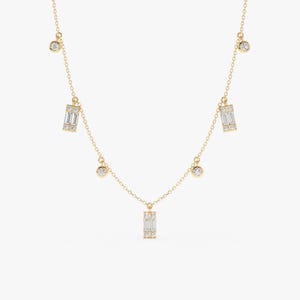 Baguette and Round Diamond Dangle Necklace, Solid Gold Layering Chain, Alternating Station Necklace, Bridal Jewelry, Jewelry Gift, Ezri bild 1