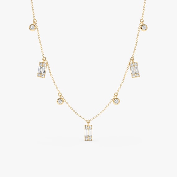 Baguette and Round Diamond Dangle Necklace, Solid Gold Layering Chain, Alternating Station Necklace, Bridal Jewelry, Jewelry Gift, Ezri