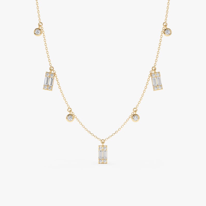 Baguette and Round Diamond Dangle Necklace, Solid Gold Layering Chain, Alternating Station Necklace, Bridal Jewelry, Jewelry Gift, Ezri bild 1