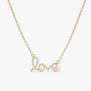 14k Gold Diamond Necklace, Love Necklace, Cursive Font, Pave Diamond Setting, Natural Diamonds, Dainty Choker Necklace, Desiree