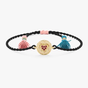 Ruby Heart Coin Bracelet, 14K Solid Gold Medallion Braided String Love & Protection Jewelry, Elarisyn