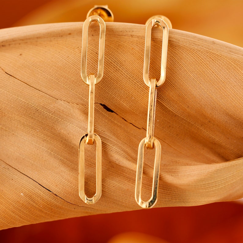 14k Gold Paperclip Earrings, Solid Gold Paperclip Chain, Dangling Earrings, Trendy Earrings, Plain Gold Earrings, Simple Earrings, Talia 3 Links