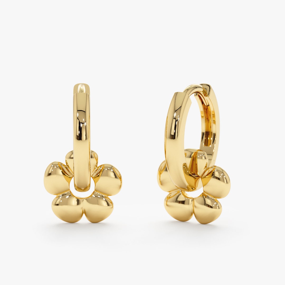 14k Gold Flower Huggies, Solid Gold Hoops, Gold Huggies With