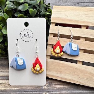 Campfire Tent Cartoon Camping Campsite Resin Silver/Silver-tone Dangle Earrings, Hypoallergenic Gift