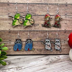 Trash Panda Raccoon Frog Musical Guitar Banjo Acrylic Animal Hypoallergenic Dangle Earrings