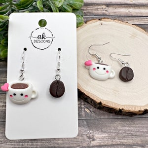 Mismatched Smiling Cartoon Coffee Cup and Realistic Coffee Bean Resin Lightweight Dangle Earrings | Hypoallergenic Gift