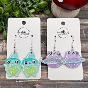 Celestial Planet Magician Spellcaster Glitter Frog Silver/Silver-tone Dangle Earrings, Hypoallergenic Gift