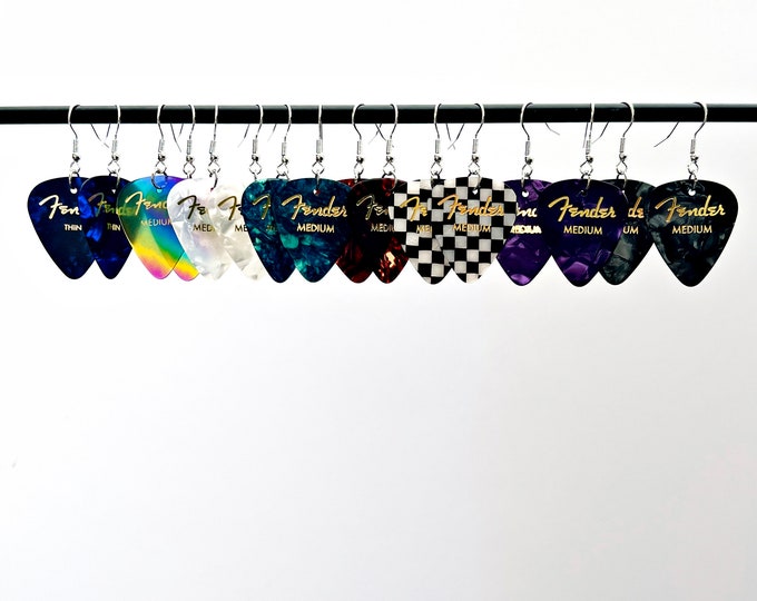Genuine Fender Authentic Guitar Pick Music Earrings, Hypoallergenic, Choice of Colors, Stainless Steel, Titanium, Sterling Silver