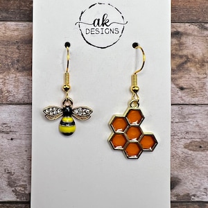Bee Honeycomb Mismatched Honey Dangle Earrings Resin Enamel, Lightweight, Hypoallergenic