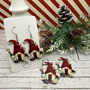 Wine Drinking Gnome Christmas Santa Acrylic Dangle Earrings, Hypoallergenic Holiday Gift