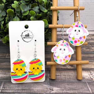 Easter Bunny Chick Hatching Egg Acrylic Dangle Earrings, Hypoallergenic - Clearance