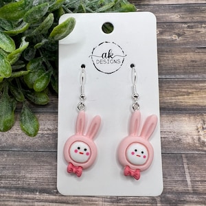 Spring Bunny Rabbit Animal Earrings Pink Hypoallergenic Dangle Easter - Clearance