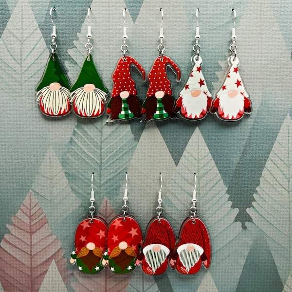 Bearded Gnome Christmas Santa Acrylic Dangle Earrings, Hypoallergenic Holiday Gift