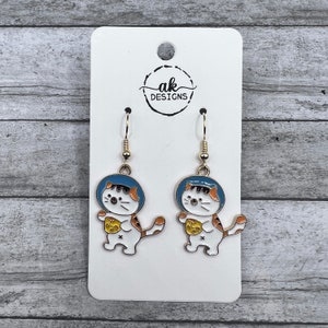 Astronaut Spaceman Moon Cheese Fat Kitty Cat Enamel Drop Earrings