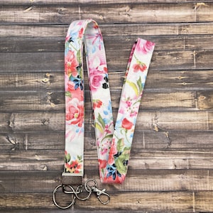 Handmade Floral Print Lanyard 20&quot; Cotton Fabric Lobster Claw Clasp Breakaway Keyring