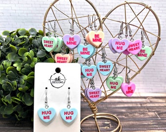 Conversation Heart Valentine's Day Earrings Hug Me Sweet Heart Be Mine Candy Dangle Hypoallergenic Gift