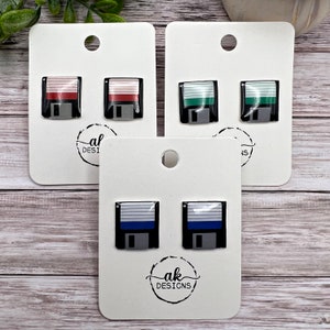 Handmade 3.5&quot; Floppy Disk Retro Diskette 90s Lightweight Plastic Stud Earrings