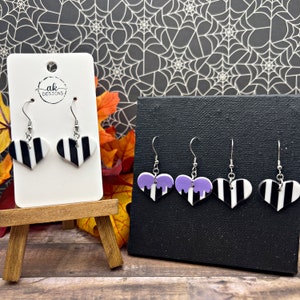 Black and White (and Purple) Striped Heart Halloween Stainless Steel Dangle Earrings, Hypoallergenic Gift