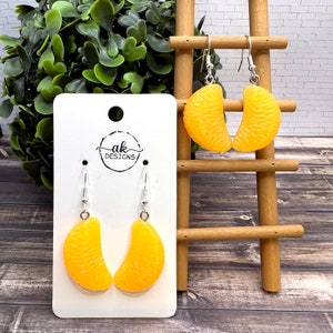 Orange Mandarin Tangerine Slice Citrus Fruit Food Dangle Earrings, Hypoallergenic Realistic