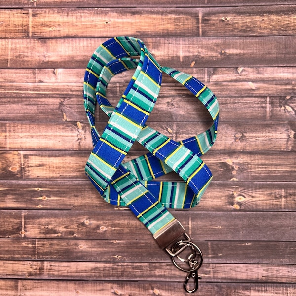 Handmade 20" Lanyard Blue Green White Yellow Striped Pattern Beach Colors Keychain Badge Holder ID Clip