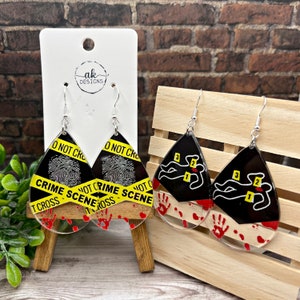 Crime Scene Tape True Crime Fingerprint Bold Acrylic , Silver/Silver-tone Dangle Statement Earrings, Hypoallergenic Gift - Clearance