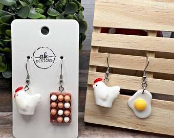 Mismatched Eggs and Chicken Farm Animal Quirky Fun Earrings Hypoallergenic Dangle Farmhouse Jewelry