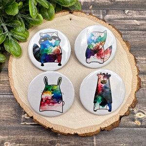 Watercolor Animal Woodland Creatures 1.25&quot; Button Pins, Raccoon, Rabbit, Giraffe, Fox