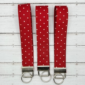 Handmade    Red White Tiny Polka Dot Print   6&quot; Fabric Key Fob Keyfob Keychain Wristlet Keys