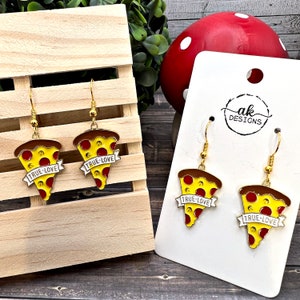PIZZA [is my] TRUE LOVE, Enamel Goldtone Earrings Dangle Earrings, Hypoallergenic Gift