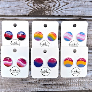 May include: Six pairs of round stud earrings with colorful designs, each mounted on a white card. The earrings feature various pride flag patterns, including rainbow, transgender, bisexual, and lesbian flags. The cards are labeled with "ak DESIGNS".