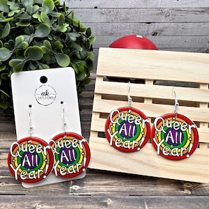 Queer All Year Lightweight Acrylic Pride Month LGBTQ+ Rainbow Dangle Earrings, Hypoallergenic Gift