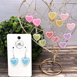 Sugared Candy Heart Petite Dangle Earrings, Hypoallergenic Valentine&#39;s Day Love Choice of Color