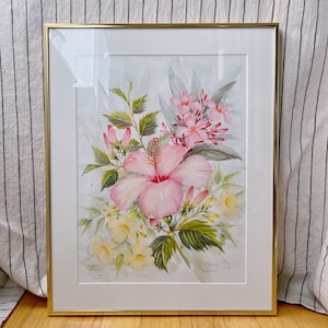 Big Vintage Gold Framed Matted Watercolor Floral Art, Signed and Dated, Wall Art, Wall Hanging 17"x14"