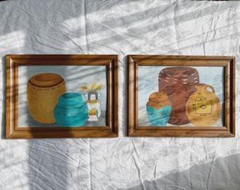 Rare find Original set of 2 hand painted wood framed vintage oil painting wall art wall decor minimalism bohemian style