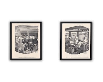 set of two 1944 original vintage cartoon funny art print New York commute life, New York train, wall decor painting black and white