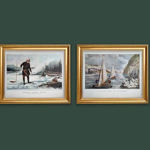 Set of 2 original Vintage Prints American Winter Sports Trout Fishing Iceboat Race on the Hudson by Currier and Ives 15&quot;x12&quot;