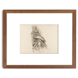 May include: A black and white pencil drawing of a figure in a flowing robe, rendered in a realistic style.