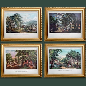 Set of 4 Original Vintage Prints American Country Life, American Landmark, 1864 by Currier and Ives American Life 15&quot;x12&quot;