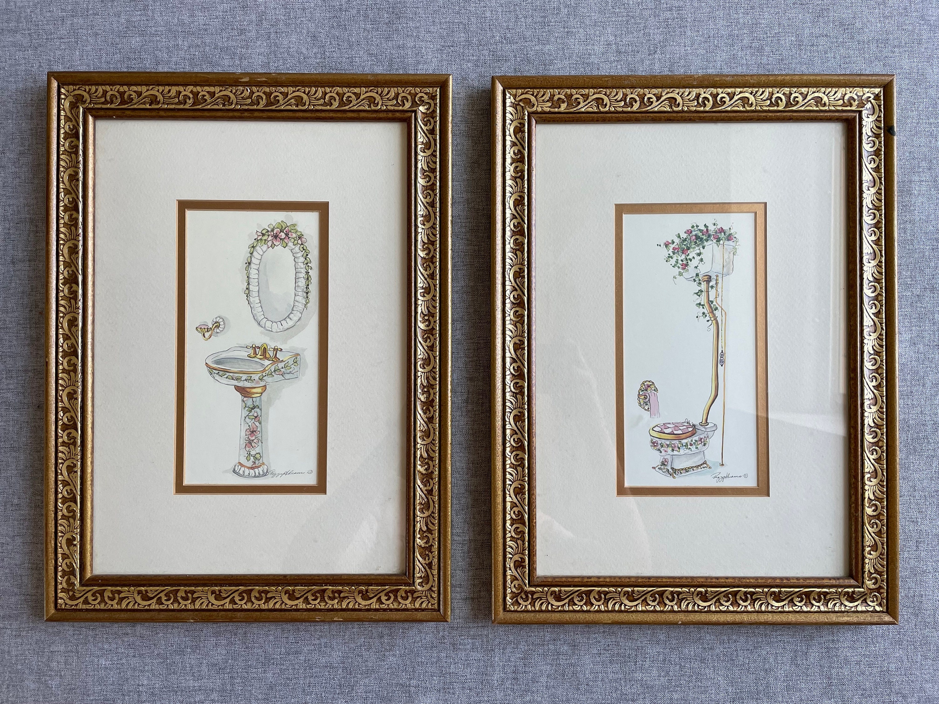 Vintage original set of 2 bathroom watercolor painting gold Etsy