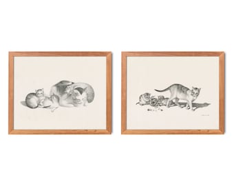 Vintage Cat Print Set, 1860s Pencil Drawings (Reproduction)