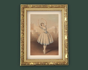 May include: A framed vintage print of a ballerina in a white tutu with blue accents, arms raised. The print is set in a gold ornate frame, showcasing a classic ballet scene. The background depicts a cityscape.