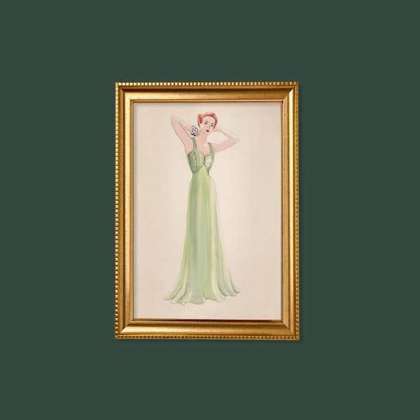 vintage art fashion illustration, woman in green dress, wall art prints, instant download, digital prints, 8"x10", 5"x7", 4"x6"