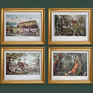 Set of 4 Original Vintage Animal Prints Bible Adam Naming the Creatures, Noah&#39;s Ark, Fox, 1872 by Currier and Ives American Life 15&quot;x12&quot;