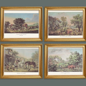 Country Living Vintage Prints Set of 4 ORIGINAL 12x8.5 Farmer&#39;s Market Farming Harvest Rural by Currier and Ives American Life