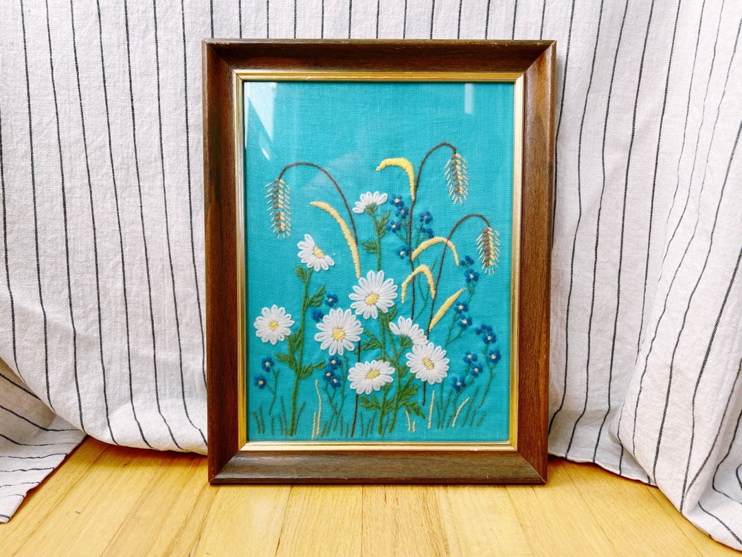 Vintage Wood Framed Original Handmade Knitted Floral Wall Art, Framed