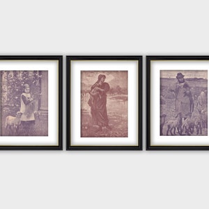 アンティーク ビクトリア朝時代の少女、女性、男性、羊のリトグラフ アート プリント 3 枚セット (1887 年)、壁アート デコレーション プリント ヴィンテージ プリント (白黒)