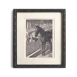 1944 original vintage funny cartoon art print, funny art wall decor painting antique classic New York black and white NYPD police horse 8x10