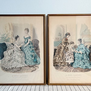 Set of 2 1873 Victorian Era Antique French woman Fashion Framed Art Prints Paris Vintage Framed Engravings Prints Picture Wall Decor