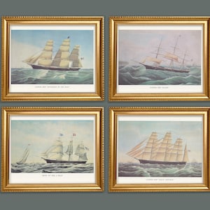 Set of 4 REPRODUCTION Vintage Prints Clipper Ship boat sail ship yacht sailing New York by Currier and Ives art prints 15&quot;x12&quot;, 14&quot;x11&quot;